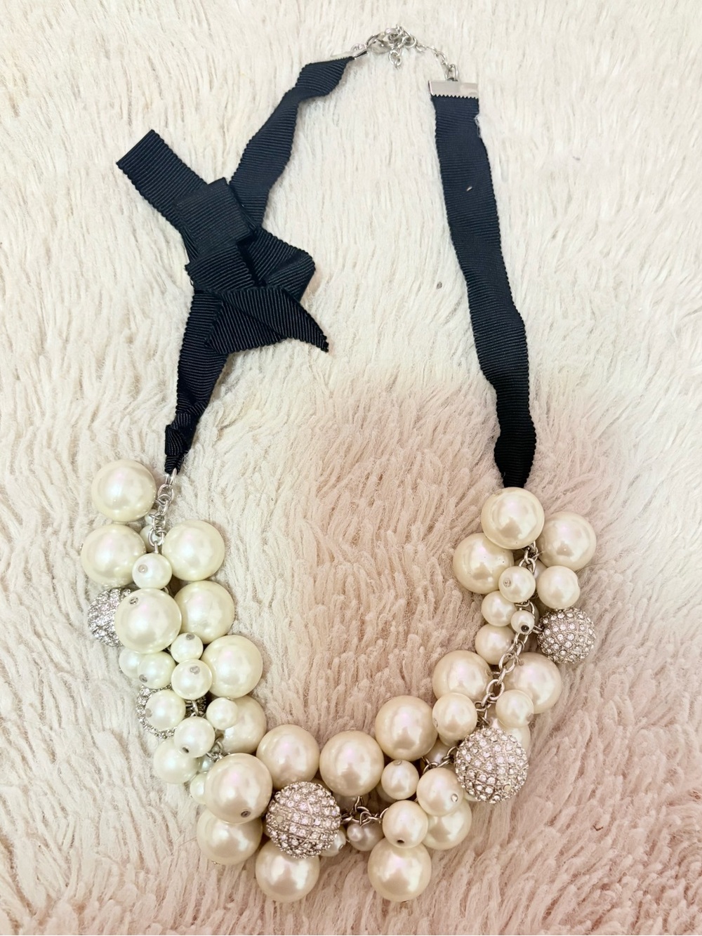 Ann Taylor Cluster Pearl & Rhinestone Statement Necklace with Black Ribbon Bow